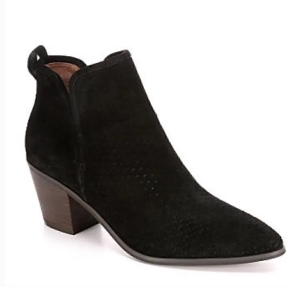 Lucky Brand- Loria Black Suede Leather Upper Heeled Booties Perforated, Size 8.5